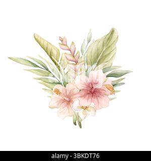 Tropische Hibiskus Heliconia Palmblätter. Exotische afrikanische Dschungel rosa Blumen Pflanzen. Aquarell handgemalt Sommer florale isolierte Illustration auf Wi Stockfoto