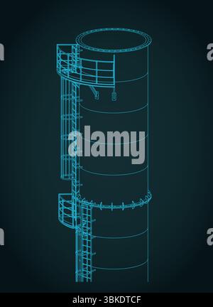 Teil eines hohen Industrieschornsteins mit Metallkonstruktion und isometrischen Zeichnungen der Serviceleiter aus nächster Nähe Stock Vektor