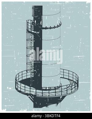 Teil eines hohen Industrieschornsteins mit Metallkonstruktion, Plattform und Serviceleiter in Nahaufnahme im Retro-Poster-Stil Stock Vektor