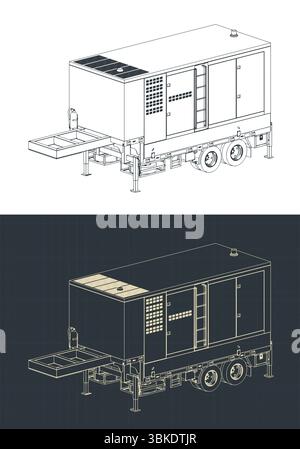 Isometrische Zeichnungen des Dieselgenerators stilisierte Vektorabbildungen Stock Vektor