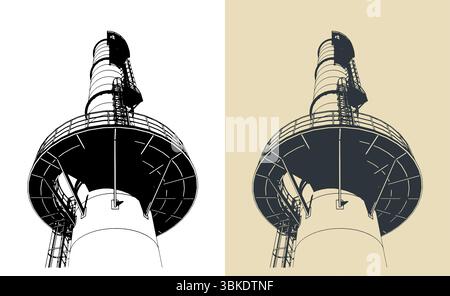 Teil eines hohen Industrieschornsteins mit Metallkonstruktion, Plattform und Serviceleiter aus nächster Nähe Stock Vektor