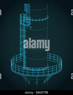 Teil eines hohen Industrieschornsteins mit Metallkonstruktion und isometrischen Zeichnungen der Serviceleiter aus nächster Nähe Stock Vektor