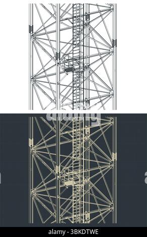 Selbsttragende isometrische Zeichnungen des Turms zeigen stilisierte Vektorabbildungen an Stock Vektor