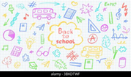 Holzkohle-Schulkritzeleien auf Notizblock-Laken in einem Käfig. Lustige handgezeichnete Symbole für Back-to-School-Themen. Niedliche kindliche Bildung, buntes Pastell oder Wachs Stock Vektor