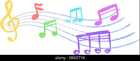 Vektor von Musiknoten in Holzkohle-Scribble-Textur. Handgeschriebener Pop-Stil auf weißem Hintergrund mit leuchtenden Farben. Niedlicher Kindergarten mit kindlicher Musik oder Stock Vektor