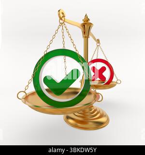 Ablehnungszeichen und Häkchen auf der Skala. Weißer Hintergrund. Isolierte 3D-Darstellung Stockfoto