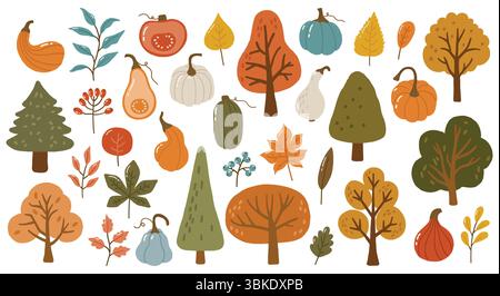 Herbstkritzelkollektion, herbstfarbene Blätter, Kürbisse und Bäume, herbstliches gemütliches Set Stock Vektor
