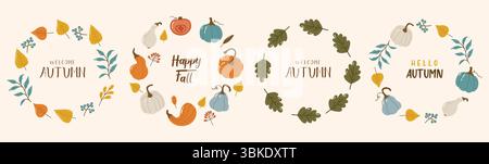 Herbstrunde Rahmenkollektion, Herbstkuschelset, Design für Poster, Banner, Grußkarten, Aufkleber Stock Vektor