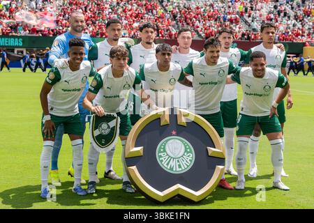East Rutherford, Usa. Juni 2025. Starting Elf Pose vor der FIFA Club-Weltmeisterschaft 2025: Spiel Palmeiras gegen Al Ahly FC in East Rutherford, New Jersey, USA am 19. Juni 2025. Es gab heiße Hitze und einige Wasserpausen für die Spieler wegen extremer Hitze und Luftfeuchtigkeit und das Spiel wurde wegen des vorbeiziehenden Gewitters für etwa 20 Minuten unterbrochen. Palmeiras gewann mit 2:0. (Foto: Lev Radin/Pacific Press) Credit: Pacific Press Media Production Corp./Alamy Live News Stockfoto