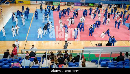 Zrenjanin, Vojvodina, Serbien - 27. April 2025: Seminar des echten Aikido im Kampfsportverein 'Real Aikido Zrenjanin 1995', Schüler lernen sich selbst. Stockfoto
