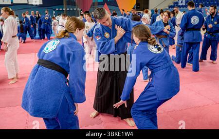 Zrenjanin, Vojvodina, Serbien - 27. April 2025: Seminar des echten Aikido-Clubs der Kampfkunst 'Real Aikido Zrenjanin 1995', Lehrer, Meister, Sensei-Show, Stockfoto