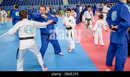 Zrenjanin, Vojvodina, Serbien - 27. April 2025: Seminar des echten Aikido-Clubs der Kampfkunst 'Real Aikido Zrenjanin 1995', Lehrer, Meister, Sensei-Show, Stockfoto