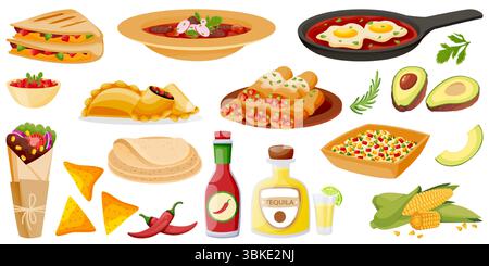 Traditionelle mexikanische Gerichte. Vektor-Illustration von Tacos, Burritos, Salsa, Guacamole, Chili, und vieles mehr. Perfekt für die Menügestaltung, Restaurant Stock Vektor