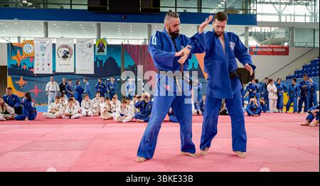 Zrenjanin, Vojvodina, Serbien - 27. April 2025: Seminar des echten Aikido im Kampfsportverein 'Real Aikido Zrenjanin 1995', Studenten werden demonstriert l Stockfoto