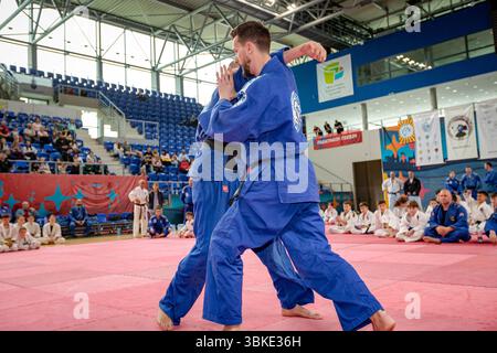 Zrenjanin, Vojvodina, Serbien - 27. April 2025: Seminar des echten Aikido im Kampfsportverein 'Real Aikido Zrenjanin 1995', Studenten werden demonstriert l Stockfoto