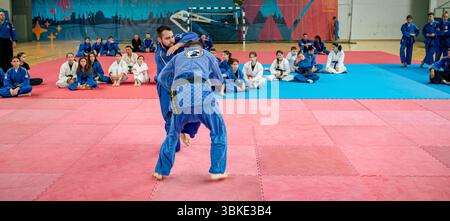 Zrenjanin, Vojvodina, Serbien - 27. April 2025: Seminar des echten Aikido im Kampfsportverein 'Real Aikido Zrenjanin 1995', Studenten werden demonstriert l Stockfoto
