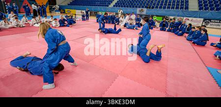Zrenjanin, Vojvodina, Serbien - 27. April 2025: Seminar des echten Aikido im Kampfsportverein 'Real Aikido Zrenjanin 1995', Studenten werden demonstriert l Stockfoto