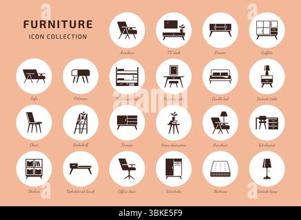 Möbelsymbole. Kollektion von Innenelementen mit flachen Vektoren Stock Vektor