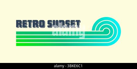 Farbenfroher Sonnenuntergang im Vintage-Stil. Verschiedene gestreifte Sonnenaufgangsabzeichen im Stil der 80er und 90er Jahre. Blick auf Sonne und Meer, Sommerstimmung, Surfen. Designelement für Stock Vektor