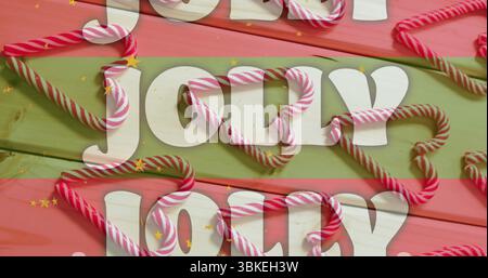 Kräftiger weißer JOLLY, der sich auf rot und grün gestreiften Dielen wiederholt, mit Zuckerstangen und goldenem Konfetti Stockfoto