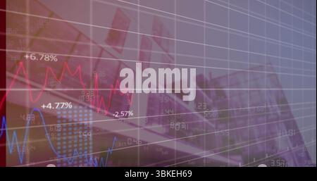 Anzeigen des Finanzdiagramms mit prozentualen Verschiebungen auf der Handelsschnittstelle mit roten und blauen Linien Stockfoto