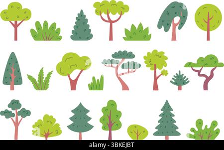 Bäume und Büsche. Einfache Laub- und Kiefernbäume und Sträucher. Zeichentrickbaum mit grüner Blattkrone. Vektorelemente für Wald, Park und Garten Stock Vektor