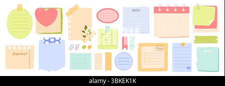 Niedliche Notizen auf Papier. Notizbuchblätter mit gerissenen Kanten, Kalender- und Notizpapieraufklebern, Washi-Typen. Tagebuch, Planer und Scrapbook Pastellfarbe Stock Vektor