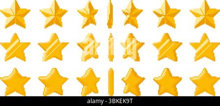 Pixel Art Golden Star Animation. Gepixelte, glänzende Sterne-Rotation, 8-Bit-Retro-Spiel-Gold-Preis in verschiedenen fünf spitzen Sternformen. Animierte Drehung von Stock Vektor