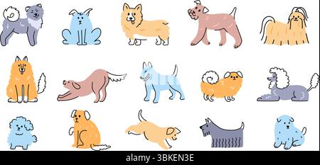 Kritzelhunde. Niedlicher handgezeichneter Welpe, verspielte Hundefiguren in verschiedenen Rassen und verschiedene Posen für Tiermotive. Vektor isolierter Tiere Stock Vektor