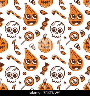 Das nahtlose Vektormuster zeigt entzückende Kawaii-Schädel, verspielte Kürbisse und bunte Lutscher. Für Halloween-Projekte kombiniert es Spaß und Spaß Stock Vektor