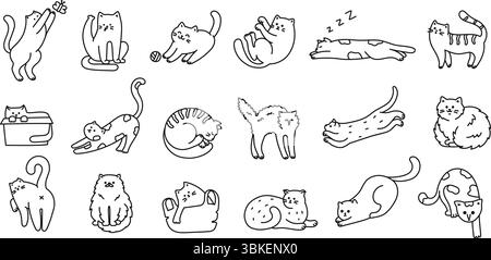 Kritzelkatzen. Niedliches Kätzchen, handgezeichnete lineare Katzenfiguren in verschiedenen Stellungen sitzend, schlafend, spielend und springend. PET Animal Line Art isoliert Stock Vektor
