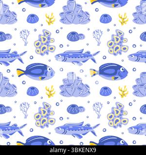 Diese lebendige Vektor-Illustration zeigt eine verspielte Unterwasserszene mit bunten Fischen, verschiedenen Korallen und Meereslebeelementen. Die beruhigende Wirkung Stock Vektor