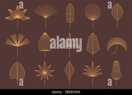 Lineares Boho-Blumenblatt. Tropische Blätter, geometrisches botanisches Dekor, elegante florale Umrisse Bohemian minimalistische Linie Art Vektorformen mit gesetzt Stock Vektor