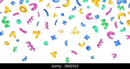 Fallender Konfetti-Hintergrund. Farbenfrohe geometrische 3D-Formen von schwebenden Wirbeln, Kurven, Sternen und Kreisen. Dekorative mehrfarbige abstrakte Darstellung Stock Vektor