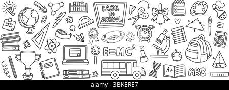 Zurück zur Schule Kritzeleien. Handgezeichnetes Schulmaterial, Grundausstattung für Schüler, Ikonen für Unterricht und Wissenschaft, akademische Elemente und Lernelemente. Line Art Education Stock Vektor
