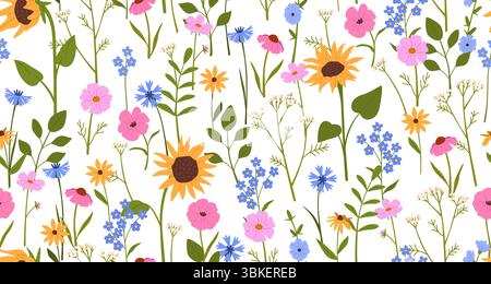 Nahtloses Frühlingsblumenmuster. Florale Textur mit blühenden Sonnenblumen, Gänseblümchen und Feldblumen und grünen Blättern, dekorativer Hintergrund der Natur Stock Vektor