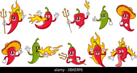 Böse Hot Pepper Charaktere. Brennende Maskottchen mit heißer Soße, brennende Paprika, Teufelskerl und mexikanischer Bösewicht. Feueratmender roter Drache, scharfer Skorpion und Stock Vektor