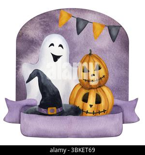 Aquarell Halloween Karte geschnitzte orange Kürbisse Jack o Laterne, lila Schleife, schwarzer Hexenhut, lachender Geist, Fahnen. Handgezeichnete Abbildung Isolat Stockfoto