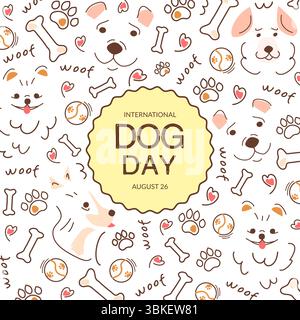 Postervorlage mit Hundesilhouetten, Knochen und Tierspielzeug, mit Rahmen und Platz für Text. Quadratisches Design mit niedlichen Hundesilhouetten für den Internationalen Hundetag. Grafikdesign für Grußkarten. Stock Vektor