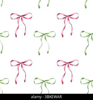 Aquarellgrün, rot, nahtloses Schleifenmuster. Dekoratives Seidenband burgunderrot Accessoire für Weihnachten, Mädchenhaar, Geschenkverpackung, valentinstag. Hand d Stockfoto