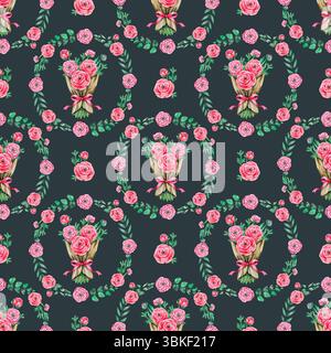 Nahtloses Blumenmuster. Hintergrund mit Ranunkelblüten und Blättern. Rosafarbene Pastellfarben Stockfoto
