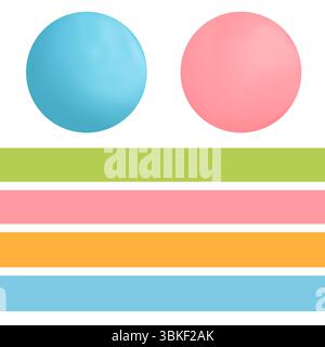 Aquarellset mit bunten abstrakten Formen, einschließlich Kreisen und Streifen in sanften Pastelltönen. Handgemalte Elemente auf weißem Hintergrund Stockfoto