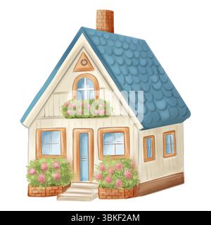 Ein kleines gemütliches Haus mit einem blauen Dach, Blumen und sanften pastellfarbenen Aquarellschattierungen. Bezaubernde Illustration im Cartoon-Stil Stockfoto