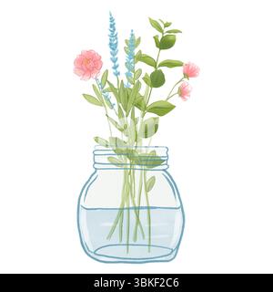 Aquarellabbildung eines Blumenstraußes in einer transparenten Glasvase. Zarte Pastelltöne sorgen für ein sanftes, romantisches Gefühl. Perfekt für den Frühling, Weddi Stockfoto