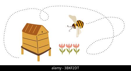 Die Biene fliegt von der Blume nach Hause. Flug der Biene. Sommer-Illustration. Gesunde Ernährung. Stock Vektor