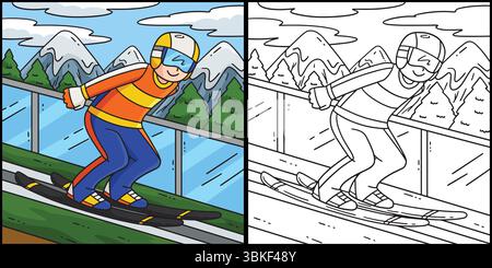 Männlicher Skipullover, der die Rampe hinuntergleitet Stock Vektor