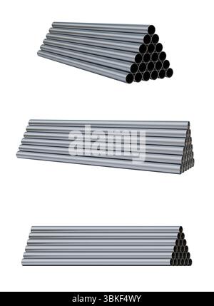 Satz Metallrohre isoliert auf Hintergrund. 3D-Darstellung von Eisenrohren. Gewalzte Metallerzeugnisse oder Stahlerzeugnisse. Stahlrohre mit unterschiedlichen Winkeln. Stockfoto