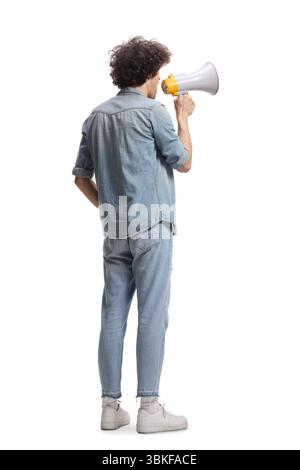Rückansicht eines Mannes mit einem Megaphon isoliert auf weißem Hintergrund Stockfoto