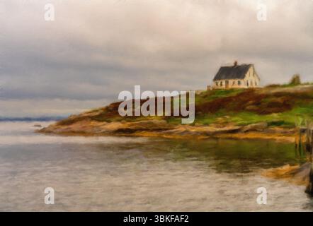 Digitale Kunst eines einsamen Landhauses überblickt den Hafen von Peggys Cove in der Nähe von Halifax in Nova Scotia, Kanada Stockfoto