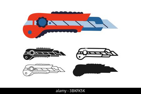 Schreibwaren Messer Symbolset. Kastenschneider Werkzeug Messer stilisierte Zeichen Vektor. Rasiermesserflaches professionelles Konstruktionsobjekt. Einfaches Designelement des Edelstahlmessers. Messersymbol isolierte Vektordarstellung Stock Vektor